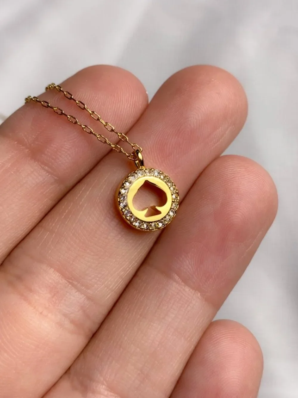 Kate Spade Logo Cutout Charm Rhinestone Jewel Minimalist Gold Chain Necklace